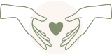 Icon drawing in thin green line, two hands with a heart in the middle